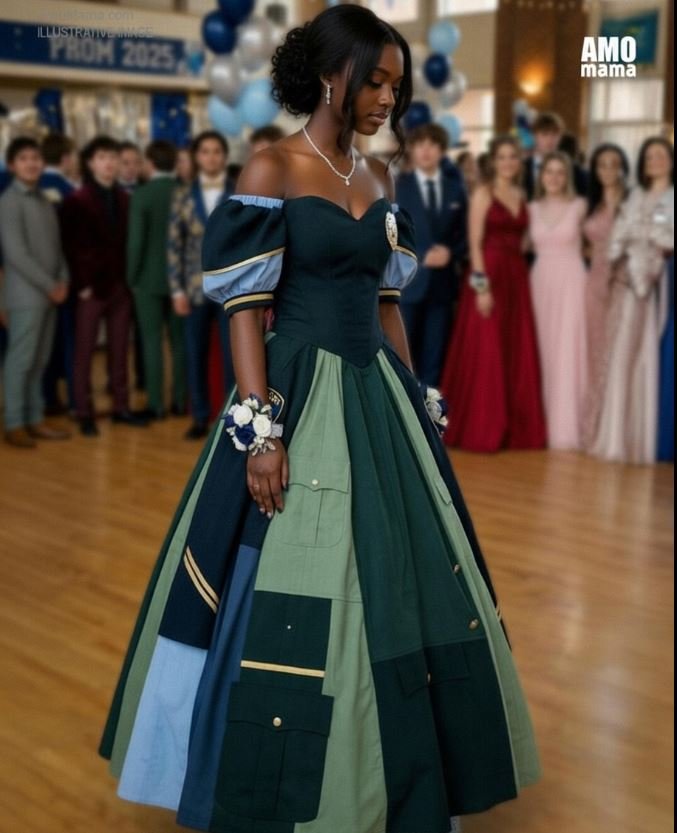 My daughter sewed her prom dress out of her late dad’s police uniform — when her bully dumped punch on it, the bully’s mom grabbed the mic and said ONE SENTENCE that froze the whole gym.