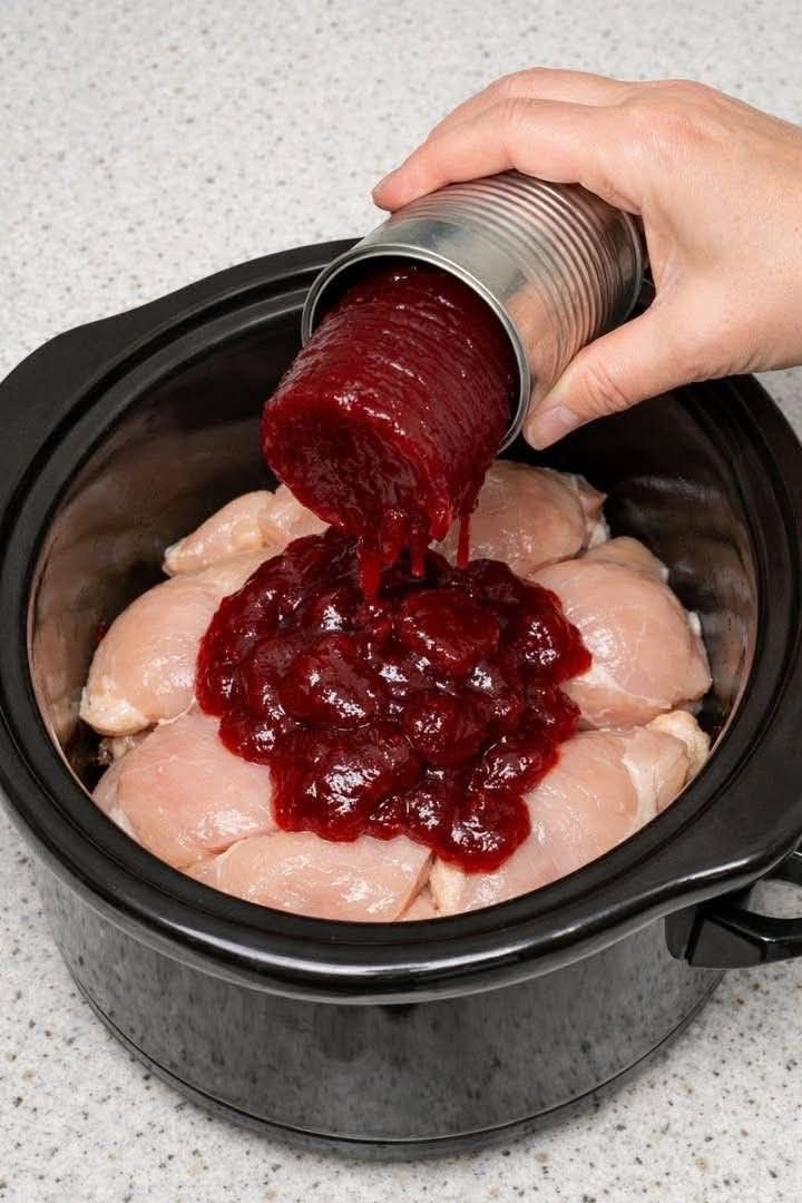 Dump canned cranberry sauce on top of chicken breasts, together with 1 ingredient, into slow cooker for a savory meal that disappears faster than anyt. I offer you this recipe in exchange for a simple “Yum”