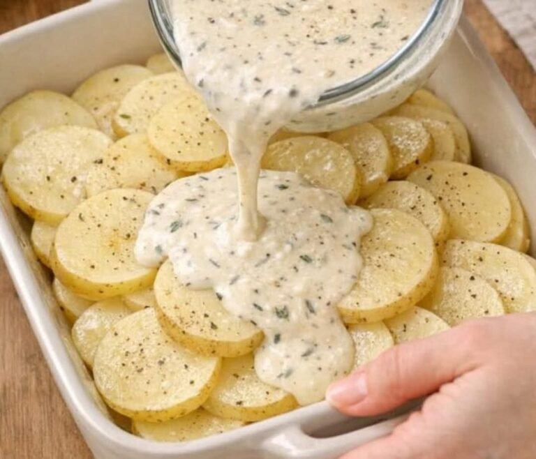 Pour this 1 sauce over potatoes into a ceramic baking dish for a golden oven moment that’s seriously satisfying.