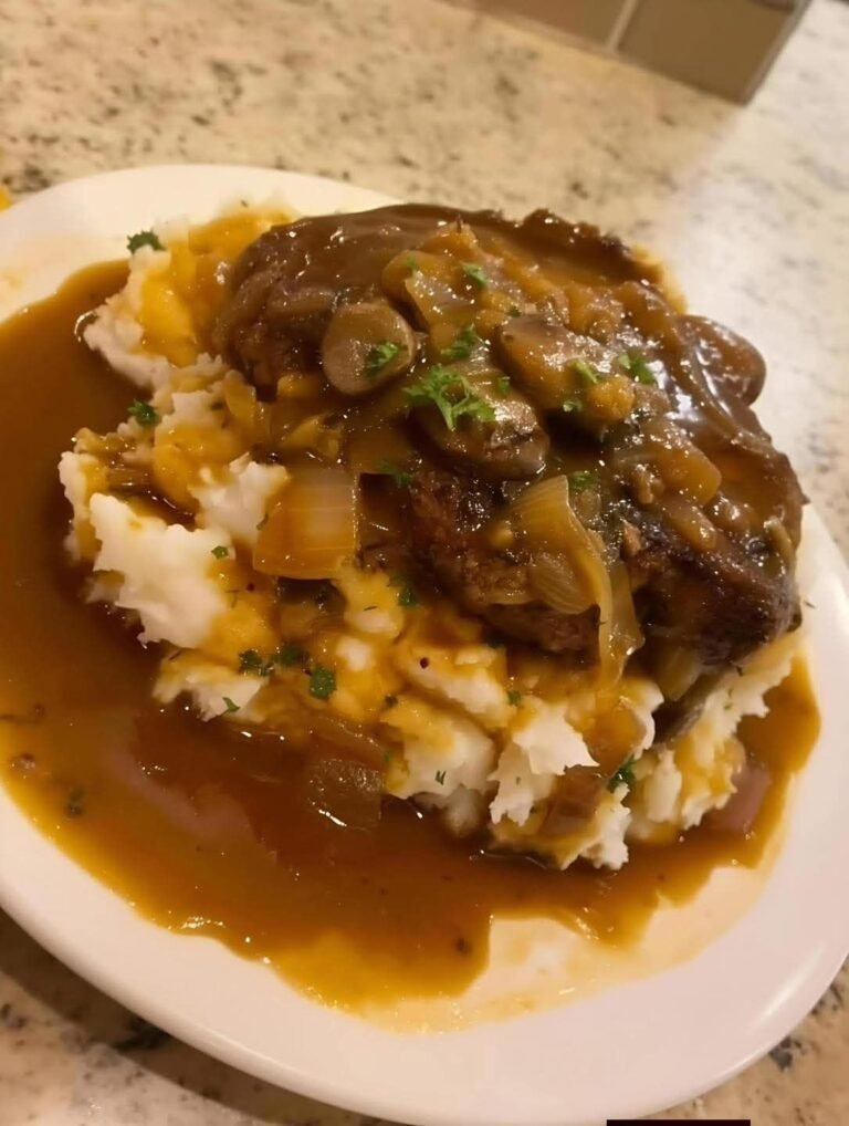 Homemade Salisbury SteakJuicy beef patties with rich onion mushroom gravy.